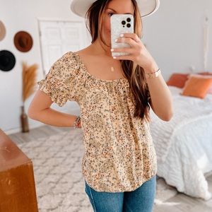 Maurices Yellow Floral Peasant Puff Sleeve Top • Size Large